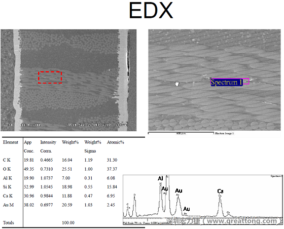 ACF(Conductive Anodic Filament，導墊性細絲物，陽極性玻璃纖維絲漏電現象)。用EDX打出來Au(金)的元素介于通孔與盲孔之間第一個位置。