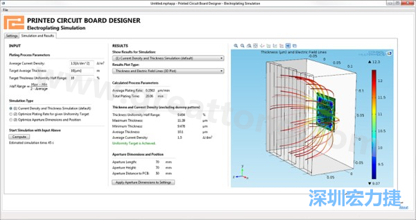 電鍍App的用戶界面。它支持PCB板設計人員上傳不同的設計，修改電鍍槽尺寸，以及加入特定尺寸的孔隙(可選)-深圳宏力捷