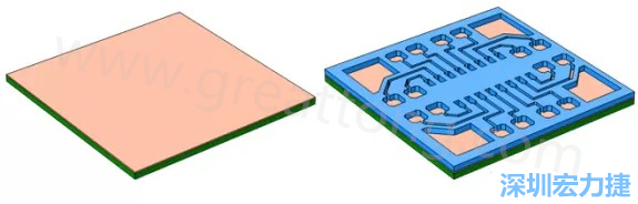 將種子層鍍于PCB板之上(左)。通過光刻法利用光刻膠繪制PCB板圖形(右)-深圳宏力捷