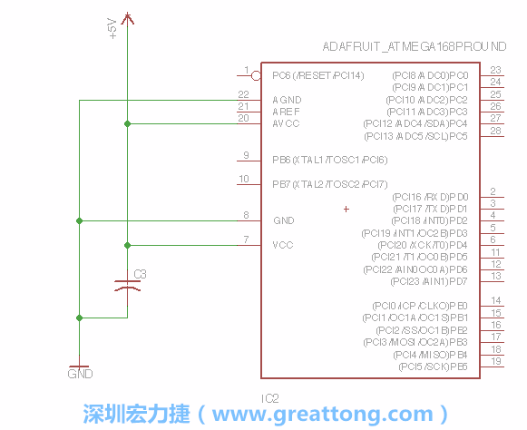 3.1.    新增微控制器晶片（RBBB → ATmega），把它放在電路原理圖的中央附近，把它的兩個(gè)接地接頭連接到接地訊號端。