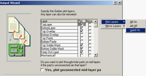 按“Next”，點擊“Menu”將Plot Layers置為Used On，Mirror Layers置為All Off后按“Next”