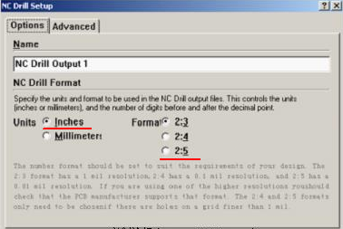 將格式改為“Inches 2：5”（ 以確保資料精度，反之孔與線路有偏移現象；）點OK完成鉆孔文件轉換