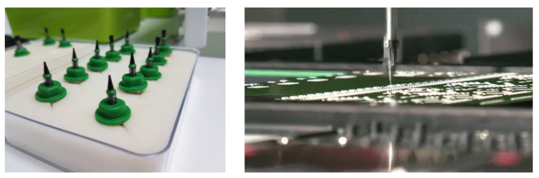 用來吸取零件的小吸盤（左），自動機(jī)械臂將零件迅速向下扔（右）